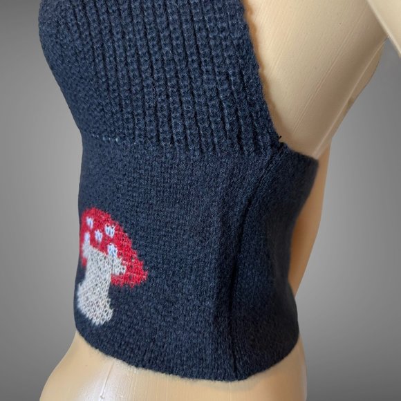 Womens Halter Crop Top Knit Large L Black Red Stretch Backless Mushroom … - Picture 12 of 16